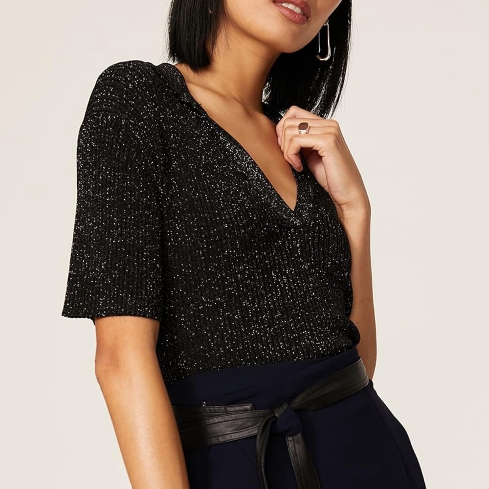 NWOT SAMSOE Black Carey Shimmer Collared Top